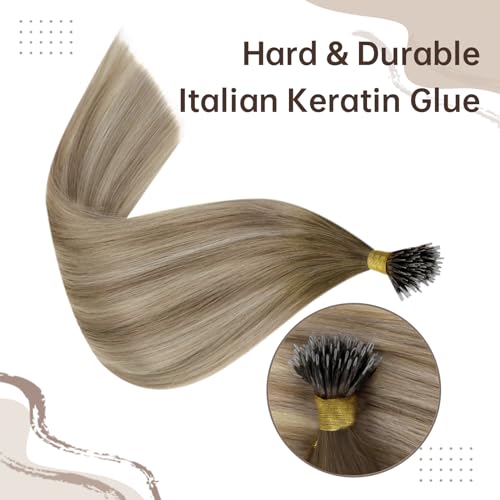 Easyouth Nano Extensions Real Human Hair Balayage Nano Extensions Real Human Hair Dark Brown Ombre to Light Brown Mixed Blonde Nanoloop Straight Extension for Volume 14 Inch 50g/50s #3/8/22 - Image 2