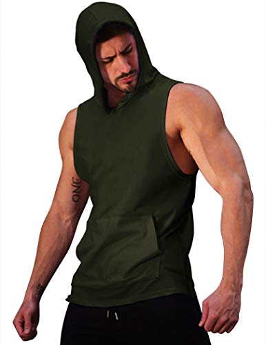 Jinidu Men's Workout Hooded Tank Tops Sleeveless Gym Hoodies With Pockets Army Green #TOP13
