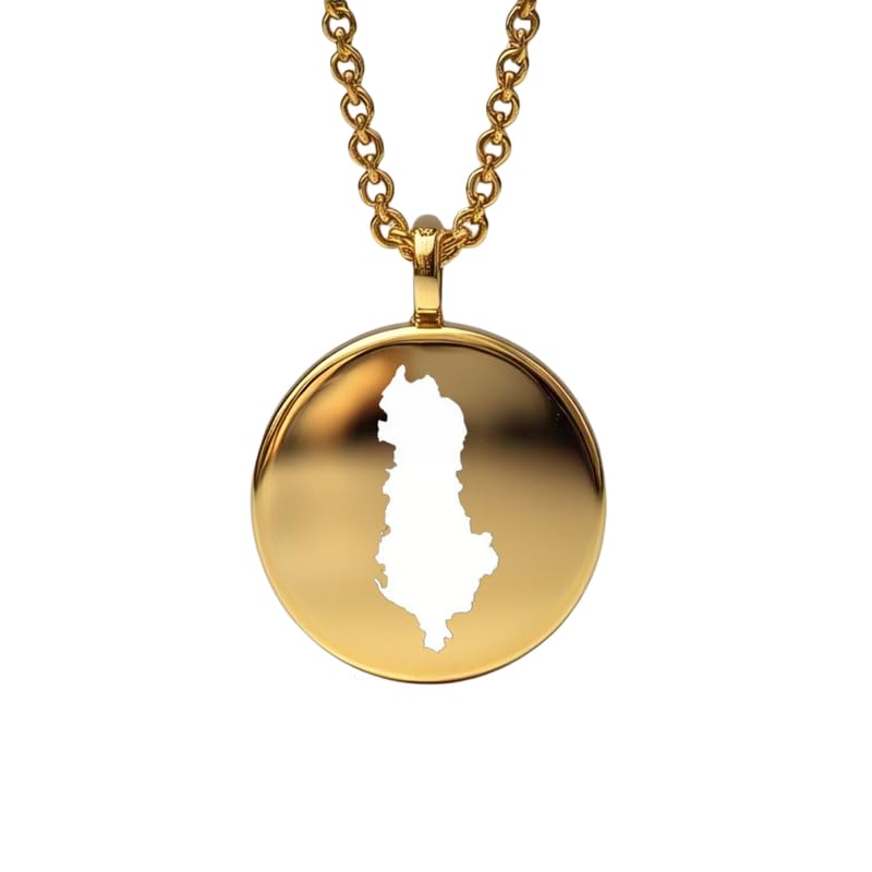 Plata de ley chapada en oro de 14k con mapa de Albania en diseño redondo exclusivo