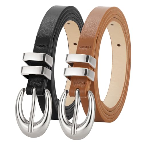 WERFORU 2 Pack Women Skinny Belts for Jeans Dresses Ladies Thin Leather Waist Belt with Gold/Silver Buckle,0.5