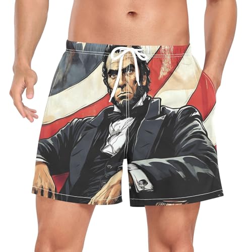 Mens Swim Trunks with Liner, American Flag Abraham Lincoln Cool Quick Dry Beach Swim Shorts, Swimwear Bathing Suits S