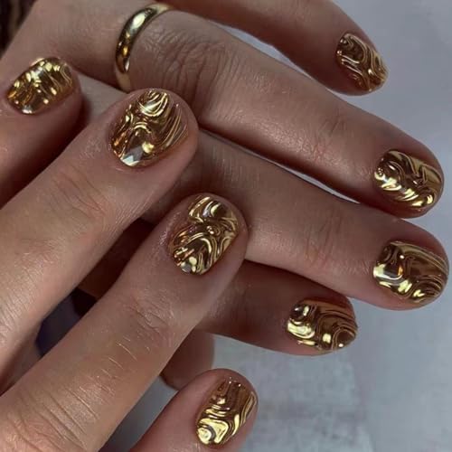 Image of Gold Nail Press ons Short Square Fake Nails 3D Line Glue on Nails with Design Glossy Full Cover False Nail Reusable Artificial Acrylic Stick on Nail for Women Girls Manicure 24Pcs
