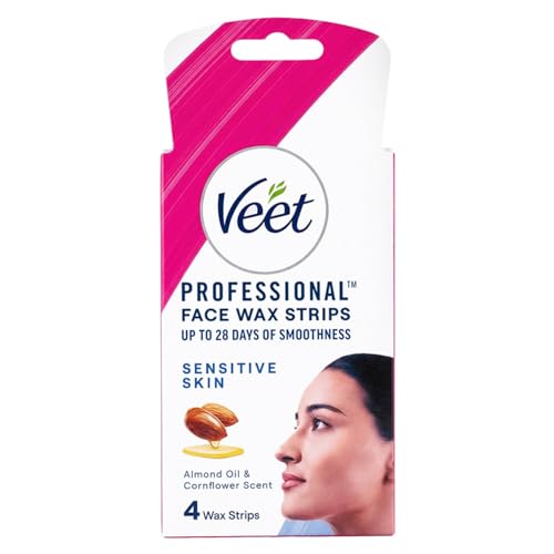 Image of Veet Face Wax Strips for Sensitive Skin (4 strips + 1 post finish wipe) | Painless, Instant & Gentle Facial Hair Removal | Instant Results for Use for Upper Lip, Eyebrows, Chin, Sidelocks