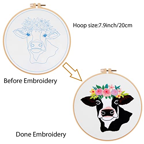 Image of Louise Maelys Cow Beginners Embroidery Kits,Cross Stitch Starter kit for Adults with Embroidery Cloth Hoop Needles Instruction and Threads | Cross Stitch Starter Kit With Cow Design, Includes Pre-Printed Fabric, Hoop, Threads, Needles And Guide. Needlepoint Kit