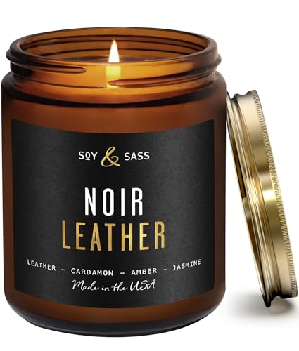 Noir Leather Candle I Scented Black Candles for Men or Women - Leather Cardamon & Jasmine Soy Wax Mens Candle - Essential Oil Infused I Gifts for Men I Long 50Hr Burn 9oz I Made in USA