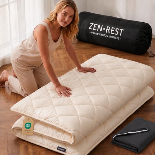 Zen.Rest 7 Layer Memory Foam Japanese Futon Mattress with Portable Storage Bag Foldable Roll Up Thick Tatami Mat Floor Lounger Bed Floor Mattress Guest Sleeping Pad (Twin)