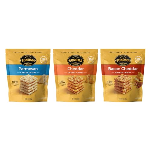 Sonoma Creamery Cheese Crisps - High Protein, Low Carb, Gluten Free & Keto Friendly - Variety Pack (Includes Cheddar, Bacon Cheddar, & Parmesan), 10 Ounces Each (3 Count)