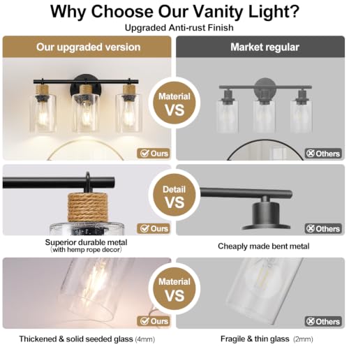 Image of MOKATNG Bathroom Light Fixtures, 3-Light Coastal Vanity Lights with Seeded Glass, Black Bathroom Wall Lamp for Mirror Kitchen Cabinet Hallway