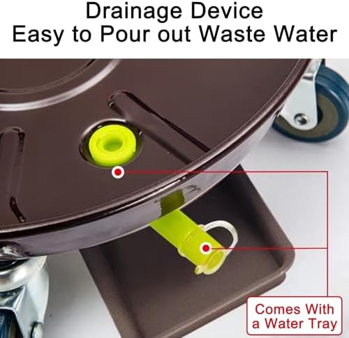 Round Metal Plant Drip Tray with Lockable Wheels & Drainage for Indoor/Outdoor Flower Pots - 36cm/14in, Durable Brown Plant Saucer for Easy Mobility