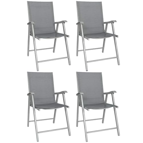Outsunny Pack de 4 Sillas de Camping Plegables, Sillas de Jardín Exterior con Respaldo Alto y Reposabrazos, Tela Textilene Transpirable y Marco de Acero para Terraza, Playa, 58x62x97 cm, Gris Claro