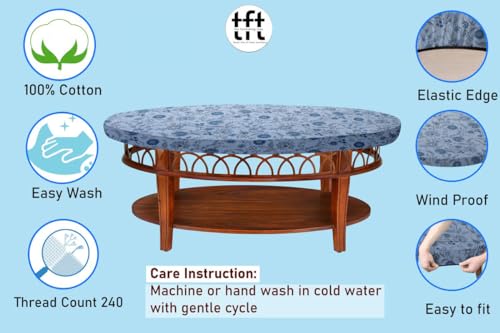 Image of The Furnishing Tree Elastic Cotton Oval Center Table Cover 18x60 in Inches Floral Navy Blue