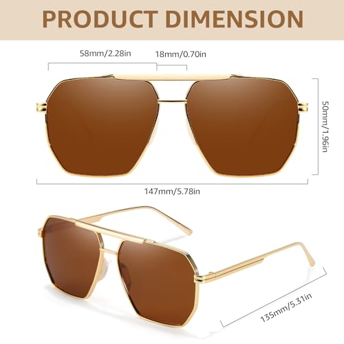 TJUTR Oversized Tangle‑Free Aviator Sunglasses for Women & Men, Polarized UV400 Shades, Square Metal Frame with Double‑Bridge4