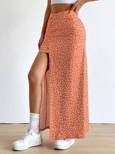 EARKOHA 2025 Skirts for Women Women's Ditsy Floral Full-Print Slit Skirt, Casual Holiday Wear Orange S3
