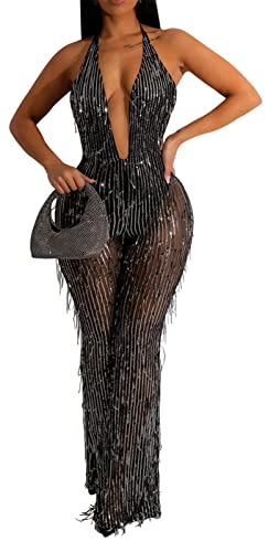 Womens Sexy Spaghetti Strap Sleeveless Deep V Neck Tassel Sequins Bodycon Wide Leg Party Clubwear Jumpsuit Rompers Black #TOP24