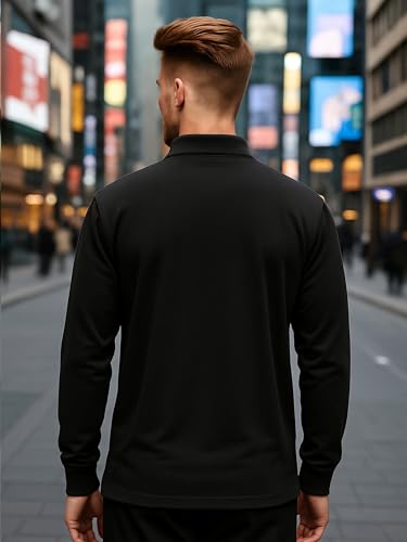 Image of Jump Cuts Mens Printed Polo Neck Half Zipper Full Sleeve Black & Beige Cotton Blend Polo T-Shirt for Men