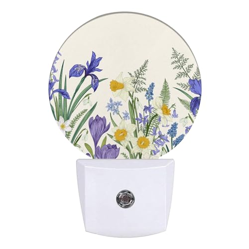 Image of Wildflowers Night Light Spring Floral Night Lights LED Lamp Round Plug into Wall Nightlight with Dusk to Dawn Sensor Home Hallway Stairway Kitchen Decor
