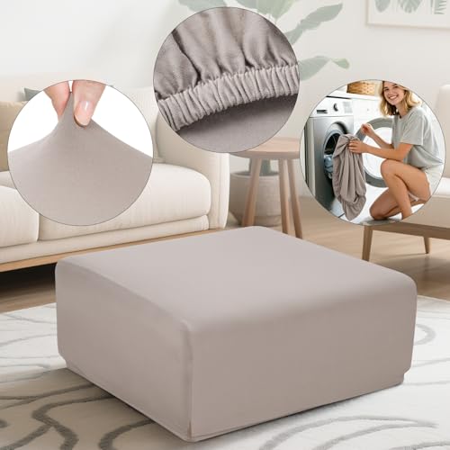 Image of YISUN Super Stretch Square Ottoman Cover - Soft Form Fit Ottoman Slipcover for Foot Stool & Folding Storage, Washable Furniture Protector with Non-Slip Elastic Bottom (M, Khaki)