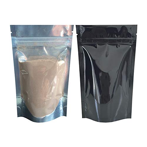 Rightpak Stand Up Pouches 100 Pieces 21cm x 31cm, Black One Side Clear Shiny Heat Sealable Tear Notches Smell Proof for Food Storage With Ziplock