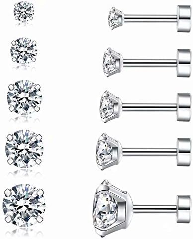 Cubic Zirconia Hypoallergenic Stud Earrings for Women Men Girls Statement Cartilage Fashion Surgical Steel Helix Earrings 5 Pairs…
