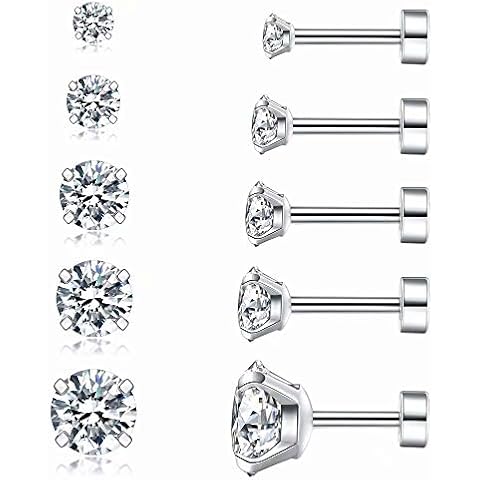 Cubic Zirconia Hypoallergenic Stud Earrings for Women Men Girls Statement Cartilage Fashion Surgical Steel Helix Earrings 5 Pairs… Cover