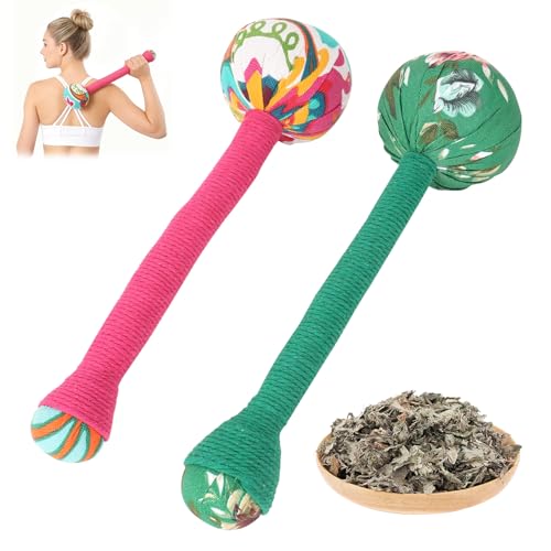 OnVisit 2PCS Long Wormwood Lymphatic Drainage Hammer Manual Body Massage Hammer Anti Slip Handheld Herbal Massage Hammer for Back Muscle Relaxation (Rose Red/Dark Green)