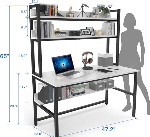 Image of Aquzee Computer Desk with Shelves, 47 inch W x 23.6 inch D Gaming Desk with Hutch and Bookshelf, White Study Table for Bedroom Space Saving with 3 Tier Storage Shelf, Home Office Desk for Writing Work