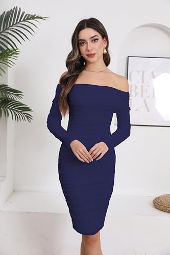 Image of Fooullaide Women's Sexy Off Shoulder Sleeveless Bodycon Ruched Midi Dress | Stretchy, Breathable, Mesh, Not See-Through, Elegant,Formal Gown, Cocktail, Evening, Party, Night Out Tube Dresses
