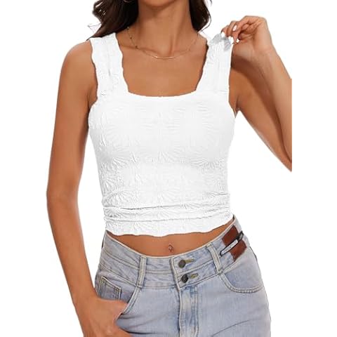 Women’s Square Neck Wide Strap Flower Cropped Tank Top Backless Lettuce Trim Slim Fit Love Letter Cami Vest Cover