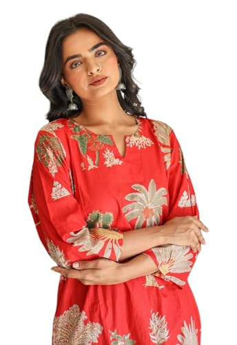 Ensemble kurta rouge imprimé feuille et pantalon en viscose LookMark