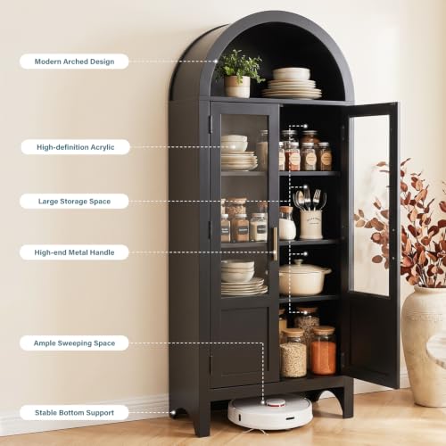Image of Arched Storage Cabinet with 2 Doors and 5-Tier Shelves for Living Room, 71 inch Tall Wooden Pantry Cabinet for Dining Room and Kitchen, Floor Bathroom Organizer, Black