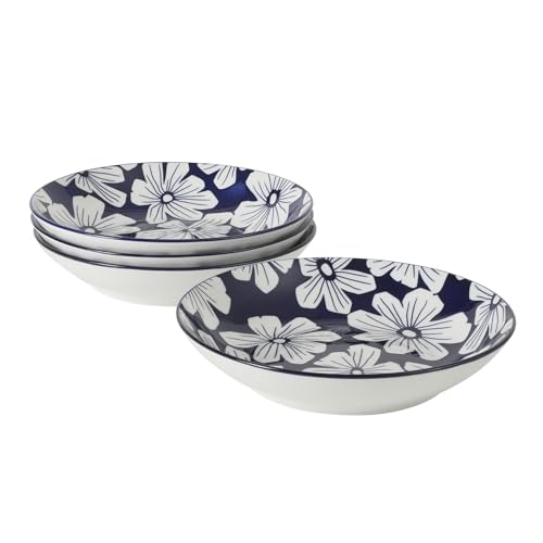 Image of Gibson Home Heritage Sky 4-Piece Pasta Bowl Set, 8 Inch Round Stoneware Bowls, Blue & White Floral Design, Decorative Everyday Use