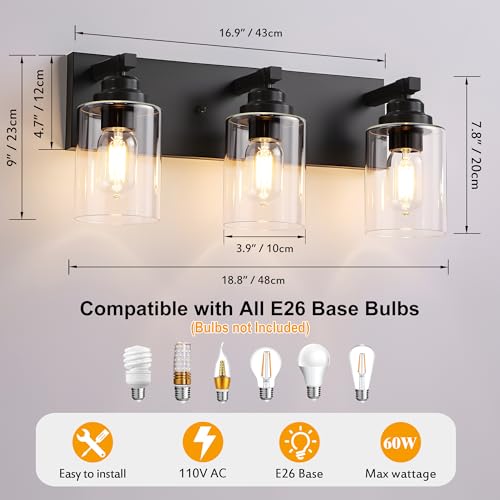 Image of Black Bathroom Light Fixture, 3 Light Matte Black Vanity Light, 18.8 inch Modern Farmhouse Bathroom Lighting Fixtures Over Mirror, with Clear Glass Shade, Vanity Lights for Bathroom, Bedroom, Hallway