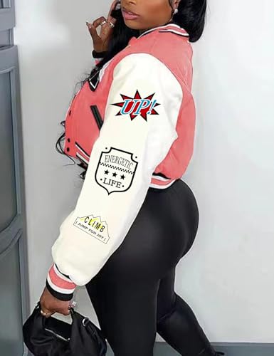 Flygo Women's Cropped Varsity Jacket Baseball Jacket Colorblock Letter Print Y2k Button Down Bomber Uniform2