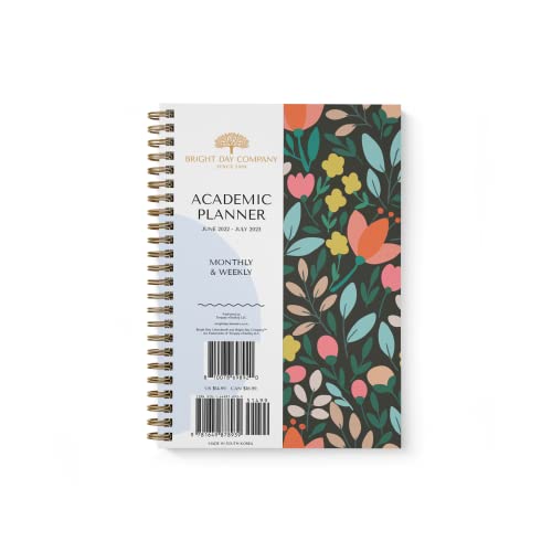 Bright Day Agenda scolaire annuel, mensuel, hebdomadaire, quotidien, grand calendrier par Bright Day à spirale, couverture flexible, juin 2022 à juillet 2023, 21 x 16,25 cm, noir floral Cover