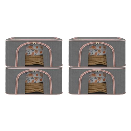 Image of Kuber Industries Pack of 4 Foldable 66 Liter Cloth Organizer for Storage with Steel Frames, Zip & Handles | See Through Saree Organiser for Wardrobe, Seasonal & Home Items | LJ-1-GRY | Grey