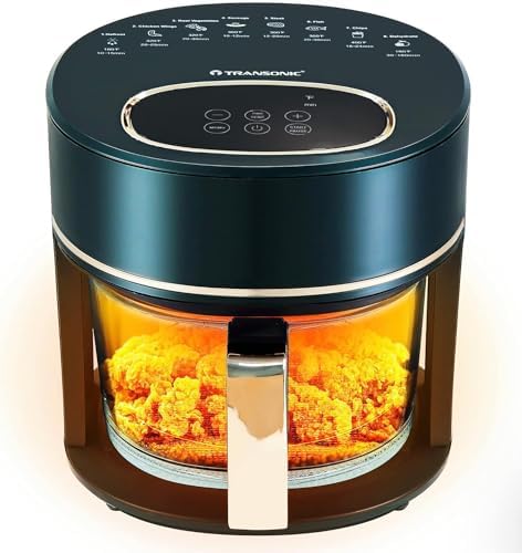 Transonic Glass Basket Air Fryer Oven, 4 Quart Non Toxic Non Stick Easy Cleaning Borosilicate Glass Basket, 8 Cooking Presets, Touch Digital Controls