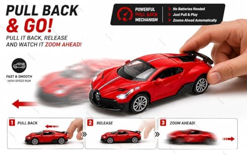 Image of Bugatti Die-Cast Toy Car for Kids - 1:36 Scale Pull Back Metal Model Car with Openable Doors, LED Lights & Music | Alloy Mini Car for Kids, Boys & Collectors【Color As Per Stock】