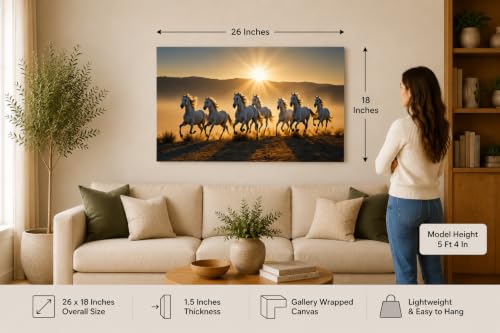Image of 7 Horse Vastu Sunrise Canvas Painting | Positive Energy Wall Decor | Big Size Premium Running Horses Artwork for Home, Office & Hall Decoration (Modern, Golden Horse, 26x18 Inch)