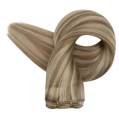 Image of Full Shine Sew In Hair Extensions Remy Weft Hair Extensions Sew In Extensions Straight Hair Color Ash Blonde Mix Golden Blonde Human Hair Bundles For Women 18 Inch 105G