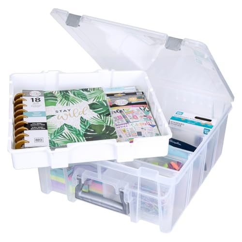 Best Kept 6899BK - Super Satchel Double Deep with Lift-Out Tray and Removable Dividers, Stackable Home Storage Organization Container, Clear with Sliver Latches and Handle
