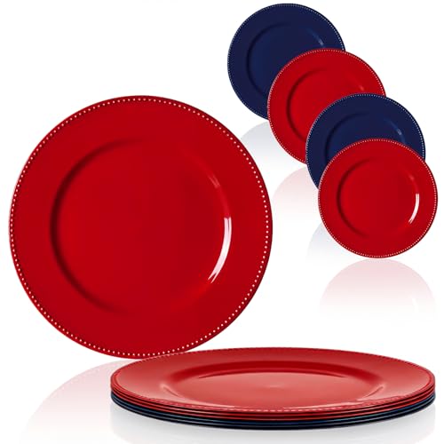 LemonRoad 6 Pcs Red and Blue Charger Plates with Beaded Rim 13 Inch Red Blue Plastic Dinnerware Plates for Christmas Home Table Party Supplies