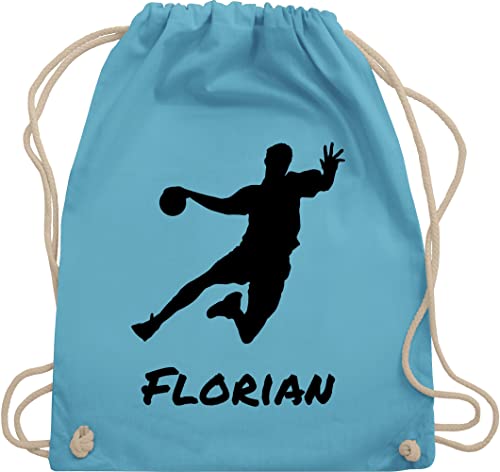 Turnbeutel Rucksack - Geschenke Handball Zubehör - Handballer Silhouette mit Name - Unisize - Hellblau - für handballtasche von personalisiertes beutel handballrucksäcke wm turnsack tasche