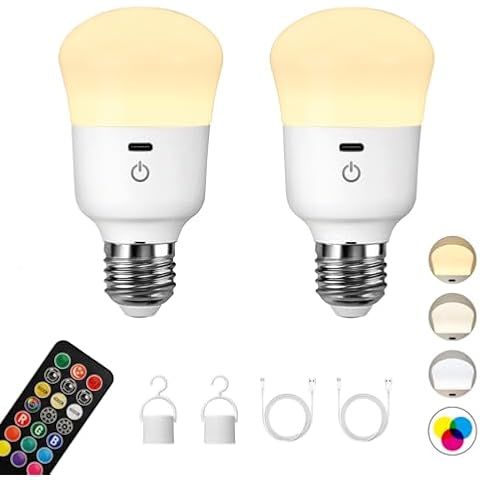 KARTOOSH Rechargeable Light Bulb, with Remote Control, 50W Equivalent, Battery Operated LED Bulbs, Backup Emergency Light for Home or Outdoor, 3 Color Temperature, Dim & RGB, Timer, E26 Base, 2 Pack Cover