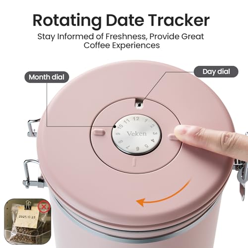 Image of Veken Coffee Canister,39OZ, 2.2lbs,Large Airtight Stainless Steel Container | Date Tracker, Kitchen Food Storage Jars for Beans, Ground, Espresso, Rice,Tea, Sugar, Cereal, Cookie,Gifts, Lids, Scoop, Pink