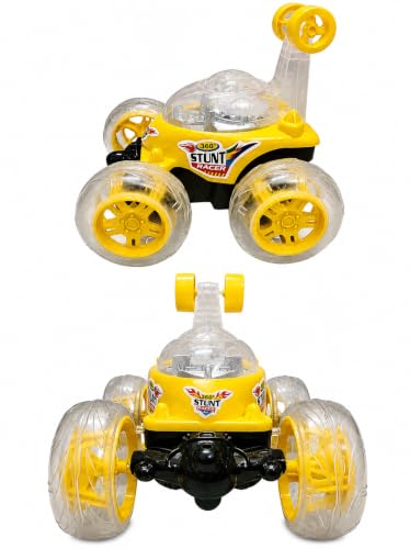 Image of Rechargeable 360 RC Stunt Car for Kids | Double-Sided High-Speed Remote Control Car with LED Lights | Rechargeable Battery Type C Charging (Yellow)