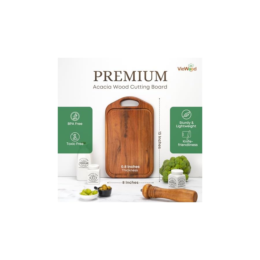 VieWood Acacia Wood Cutting Board with Juice Groove, Hanging Hole & Grip Handle for Meat, Vegetables and Cheese, Knife Friendly, Caperci Better Wood Chopping Board