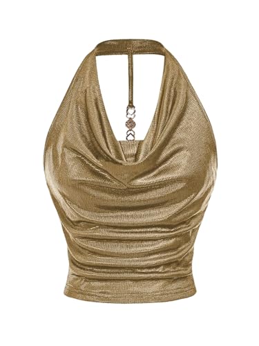 Milumia Women Metallic Halter Y2k Crop Tops Ruched Backless Cowl Neck Party Club Rave Sleeveless Shirts Yellow Medium