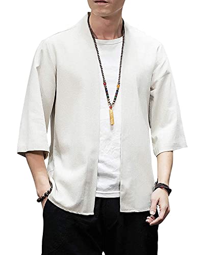 Image of Men's Japanese Kimono Cardigan Loose Cotton Linen 3 /4 Sleeve Open Front Casual Summer Shirt Jackets