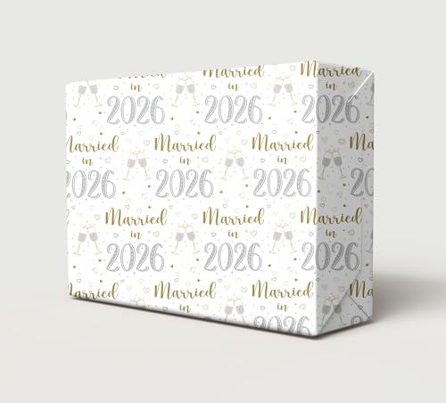 2 Sheets 2 Tags Married in 2026 Wrapping Paper Champagne Glass Design GOLD SILVER Wedding Day Just Married Giftwrap (PA)