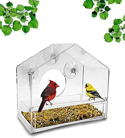 Nature Gear Window Bird Feeder - Refillable Sliding Tray - Weather Proof - Snow and Squirrel Resistant - Drains Rain Water - See Songbirds from Home! (House Style) (House Model)
